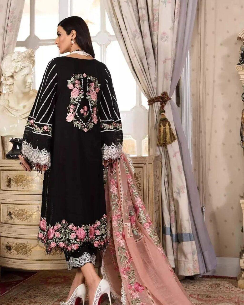 Carimson Premium Lawn 3PC Heavy Embroidered Unstitched Suit - Code 04 (Black & Pink)