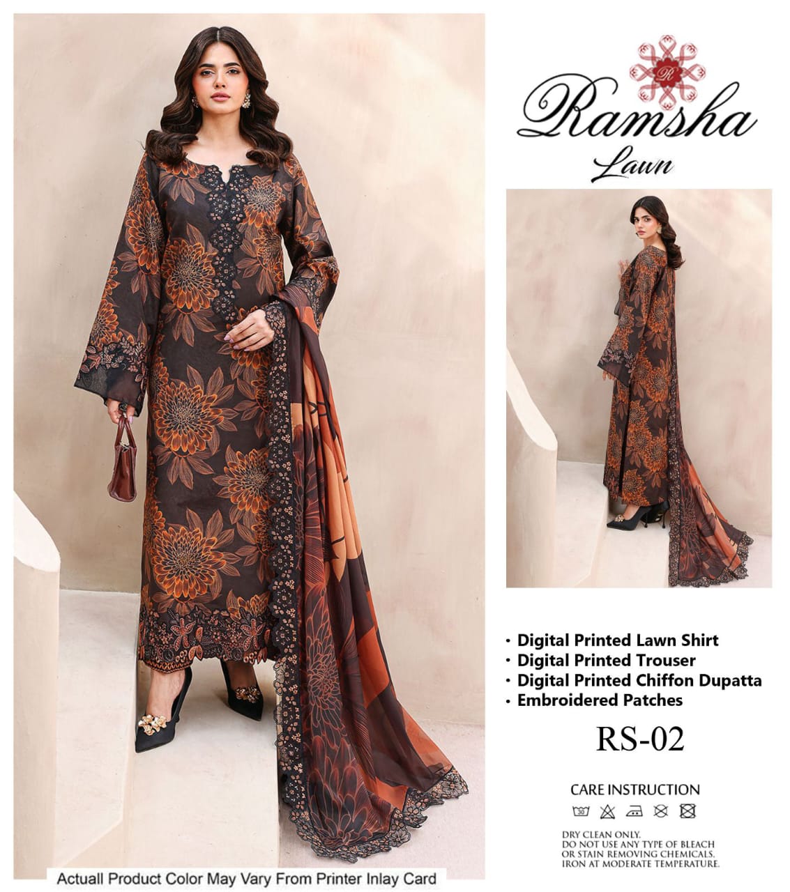 Ramsha Lawn 3PC Digital Printed Unstitched Suit - RS-02 (Black/Brown Floral)