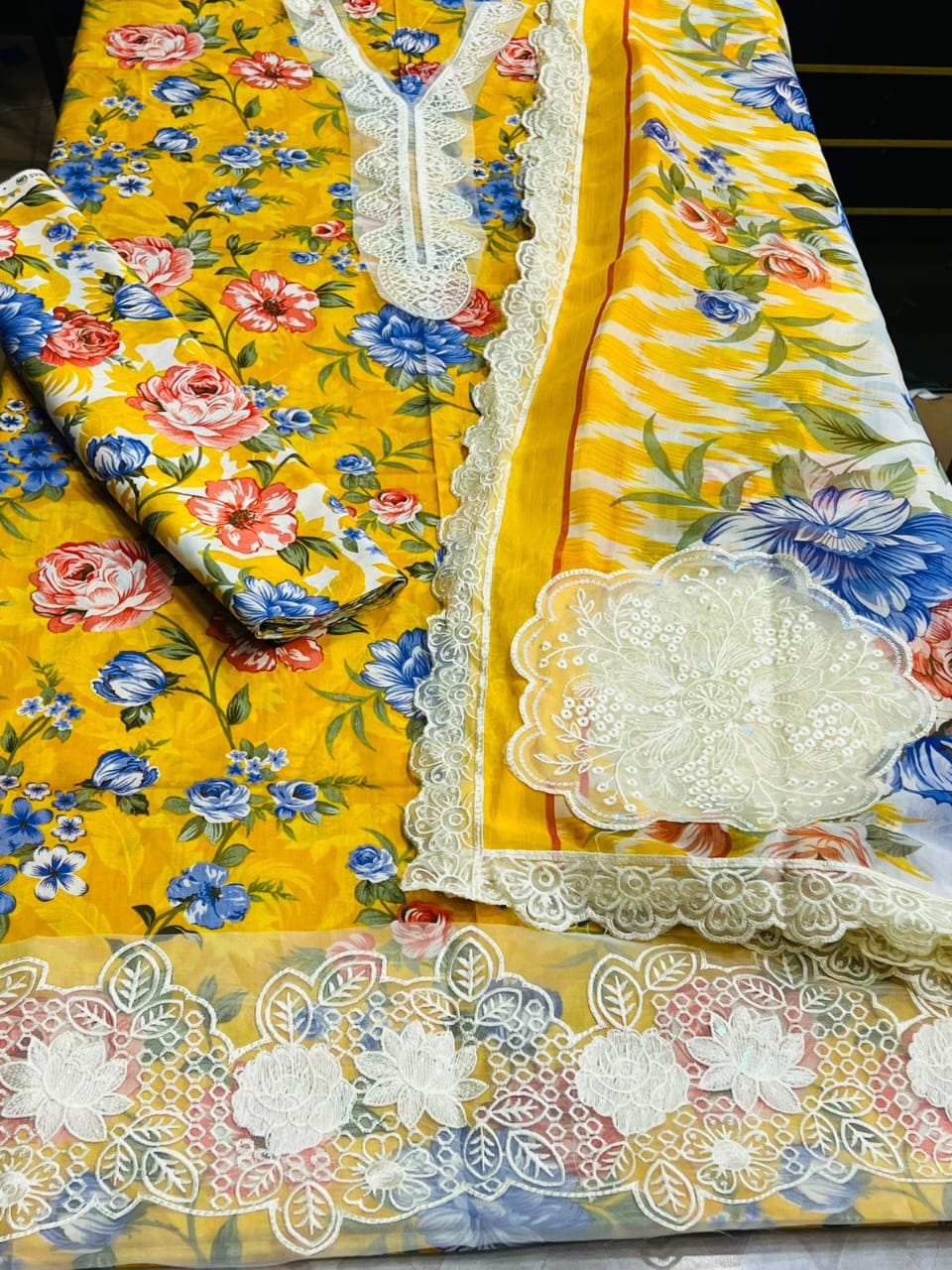 Adan Libas Lawn 3PC Unstitched Suit with Chiffon Ready-to-Wear Dupatta - D#J6011 (Yellow Floral)