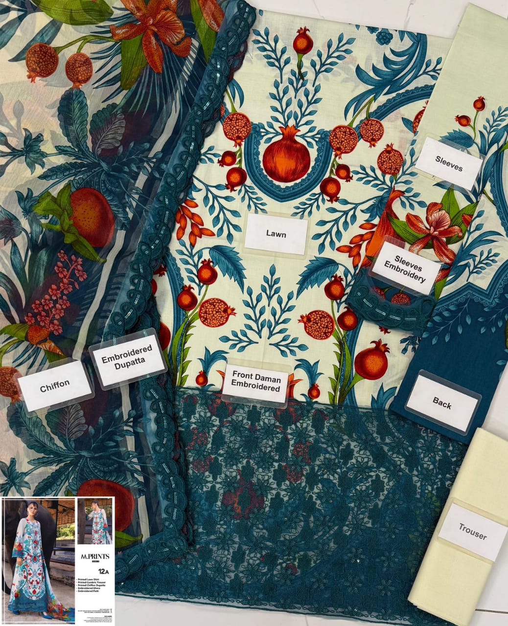 Maria B M.Prints Vol.29 Lawn 3PC Unstitched Suit - 12A (White/Teal Pomegranate Print)