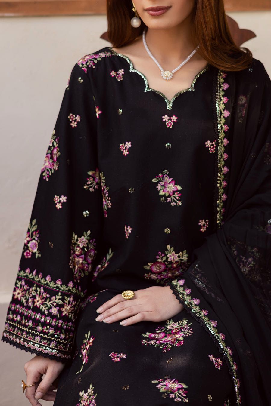 Batik Premium Luxury Lawn 3PC Embroidered Unstitched Suit - D#1120 (Black Floral)