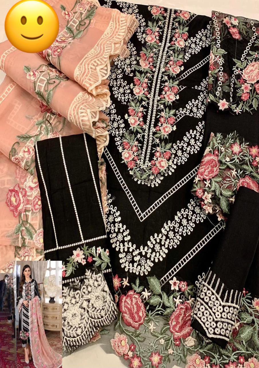 Carimson Premium Lawn 3PC Heavy Embroidered Unstitched Suit - Code 04 (Black & Pink)