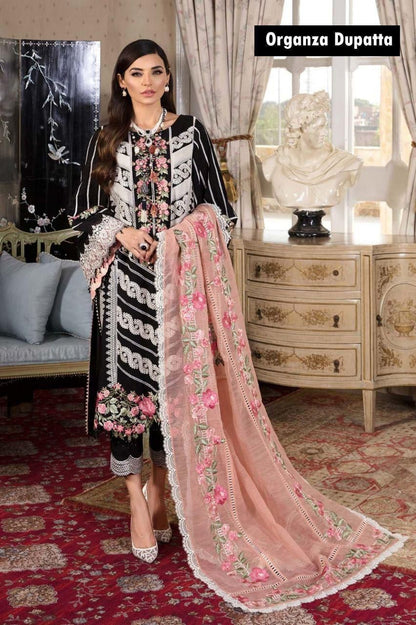 Carimson Premium Lawn 3PC Heavy Embroidered Unstitched Suit - Code 04 (Black & Pink)