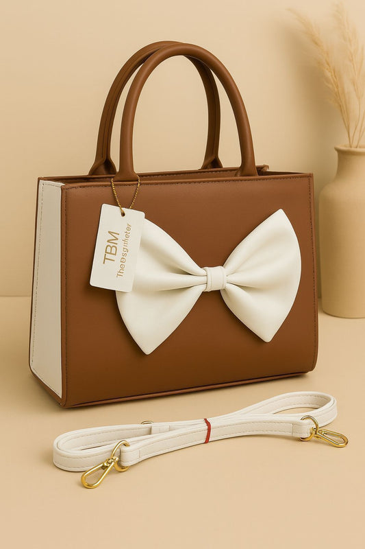 TBM Bow Style Handbag with Adjustable Belt - Beige/Camel