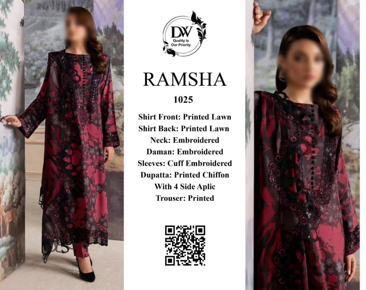 Ramsha 3PC Digital Printed Lawn Unstitched Suit - 1025 (Black/Red Floral)