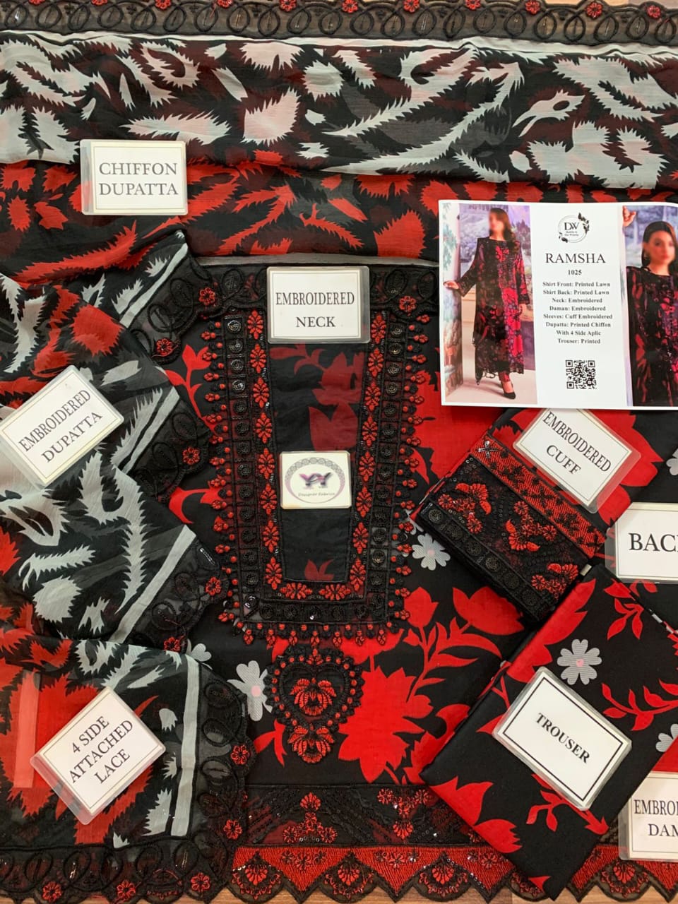 Ramsha 3PC Digital Printed Lawn Unstitched Suit - 1025 (Black/Red Floral)