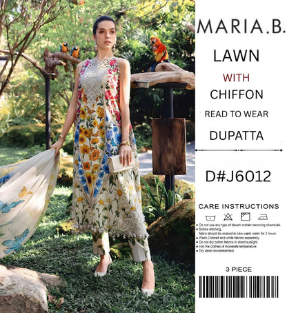 Maria B Lawn 3PC Unstitched Suit with Chiffon Ready-to-Wear Dupatta - D#J6012 (White/Yellow Floral)