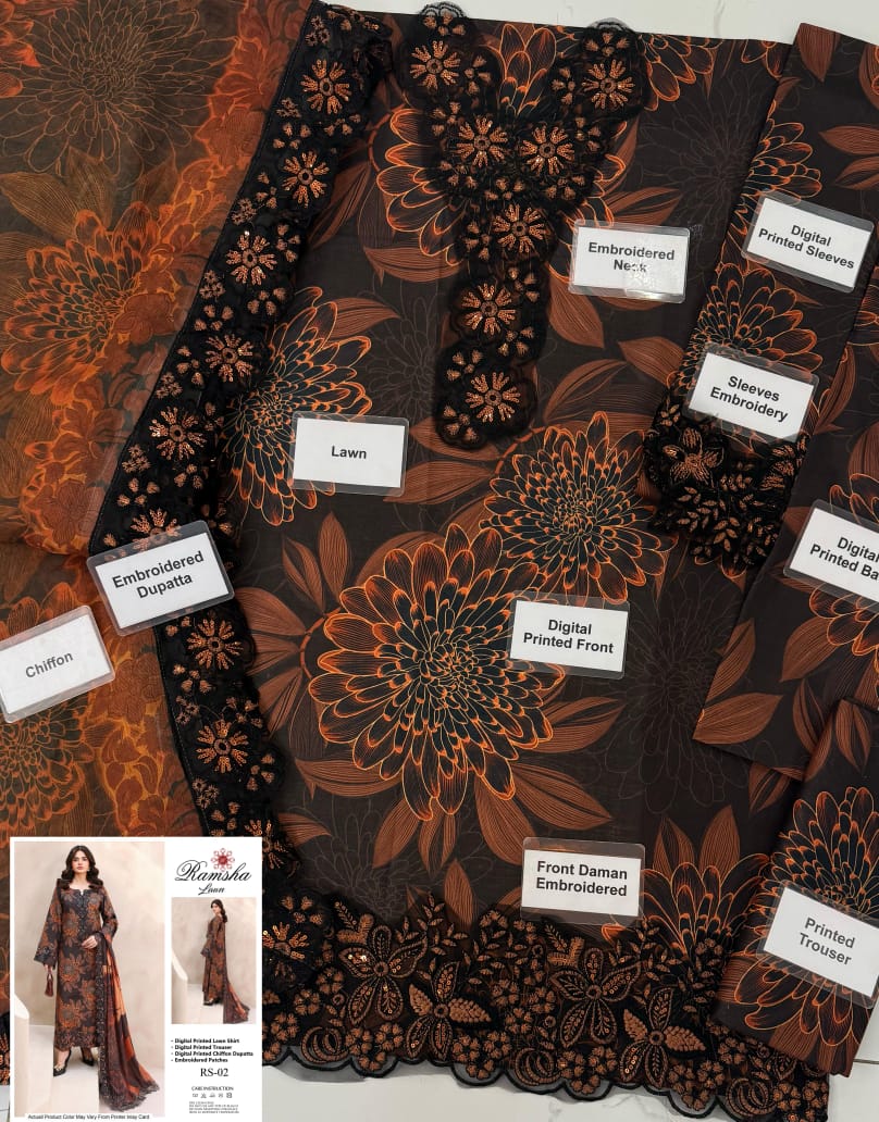 Ramsha Lawn 3PC Digital Printed Unstitched Suit - RS-02 (Black/Brown Floral)