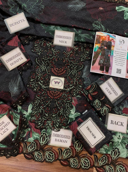 Rang Rasiya Premium Lawn 3PC Unstitched Suit with Printed Voil Dupatta 4 Side Applique (Black/Green Floral)