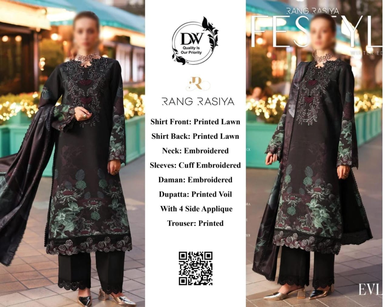 Rang Rasiya Premium Lawn 3PC Unstitched Suit with Printed Voil Dupatta 4 Side Applique (Black/Green Floral)