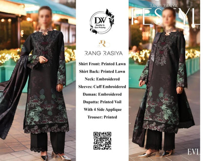 Rang Rasiya Premium Lawn 3PC Unstitched Suit with Printed Voil Dupatta 4 Side Applique (Black/Green Floral)