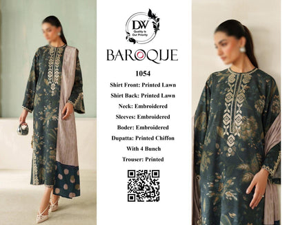 Baroque Premium Lawn 3PC Unstitched Suit - 1054 (Teal/Green Floral)