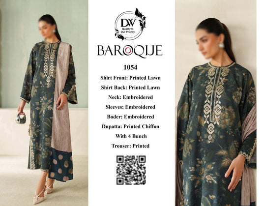 Baroque Premium Lawn 3PC Unstitched Suit - 1054 (Teal/Green Floral)