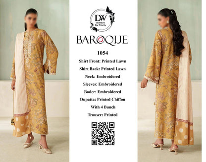 Baroque Premium Lawn 3PC Unstitched Suit - 1054 (Golden/Mustard Floral)