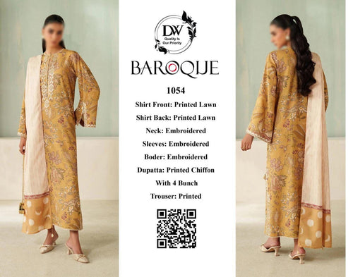 Baroque Premium Lawn 3PC Unstitched Suit - 1054 (Golden/Mustard Floral)