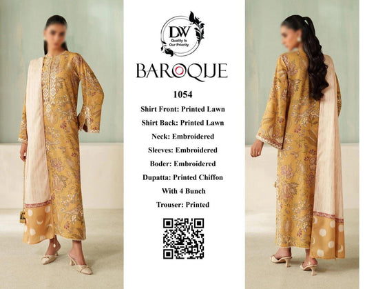 Baroque Premium Lawn 3PC Unstitched Suit - 1054 (Golden/Mustard Floral)
