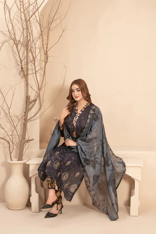 Tawakkal Unstitch Replica Lawn 3PC Suit with Bana Dora Dupatta (Black Floral)
