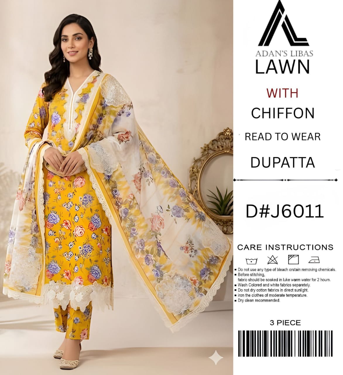 Adan Libas Lawn 3PC Unstitched Suit with Chiffon Ready-to-Wear Dupatta - D#J6011 (Yellow Floral)