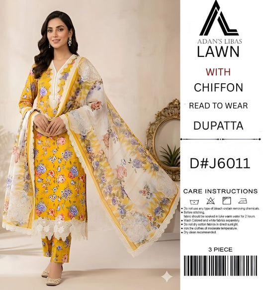 Adan Libas Lawn 3PC Unstitched Suit with Chiffon Ready-to-Wear Dupatta - D#J6011 (Yellow Floral)