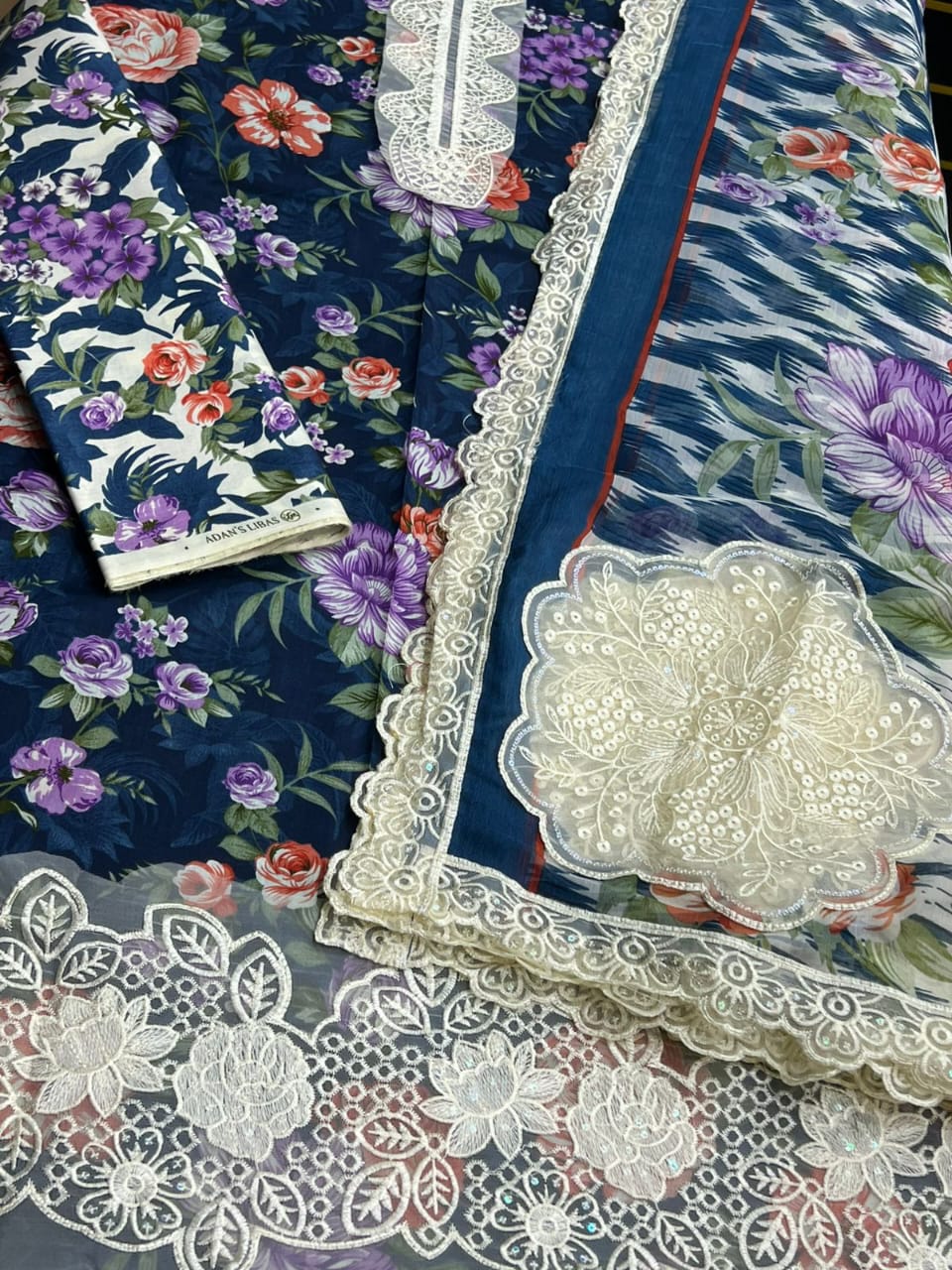 Adan Libas Lawn 3PC Unstitched Suit with Chiffon Ready-to-Wear Dupatta - D#J6011 (Navy Blue Floral)