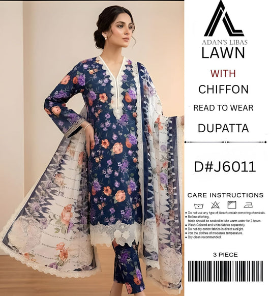 Adan Libas Lawn 3PC Unstitched Suit with Chiffon Ready-to-Wear Dupatta - D#J6011 (Navy Blue Floral)
