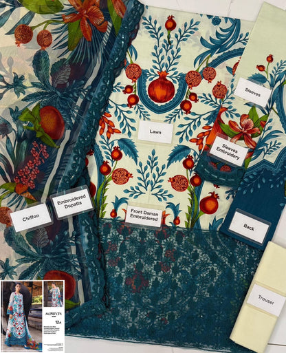 Maria B M.Prints Vol.29 Lawn 3PC Unstitched Suit - 12A (White/Teal Pomegranate Print)