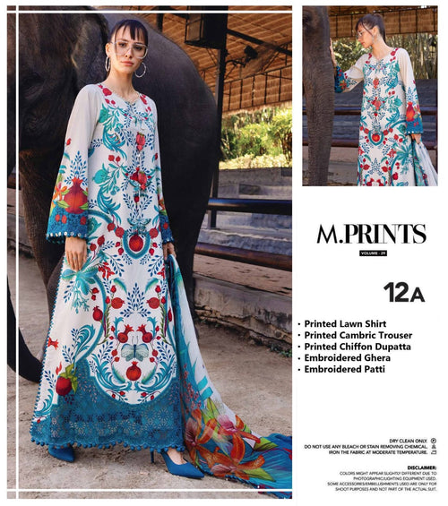 Maria B M.Prints Vol.29 Lawn 3PC Unstitched Suit - 12A (White/Teal Pomegranate Print)