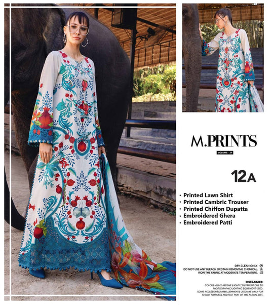 Maria B M.Prints Vol.29 Lawn 3PC Unstitched Suit - 12A (White/Teal Pomegranate Print)
