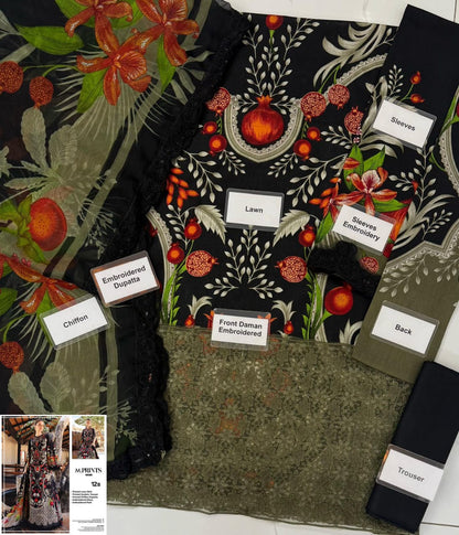 Maria B M.Prints Vol.29 Lawn 3PC Unstitched Suit - 12B (Black/Olive Pomegranate Print)