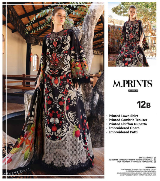 Maria B M.Prints Vol.29 Lawn 3PC Unstitched Suit - 12B (Black/Olive Pomegranate Print)