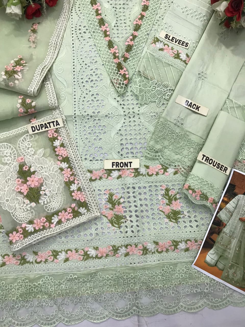 Adan Libas ChikenKari Embroidered Cotton Lawn 3PC Unstitched Suit with Organza Dupatta (Mint/Sage)