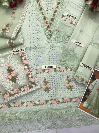 Adan Libas ChikenKari Embroidered Cotton Lawn 3PC Unstitched Suit with Organza Dupatta (Mint/Sage)
