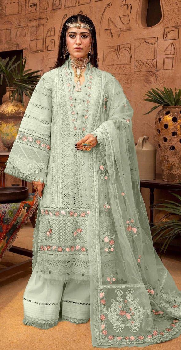 Adan Libas ChikenKari Embroidered Cotton Lawn 3PC Unstitched Suit with Organza Dupatta (Mint/Sage)