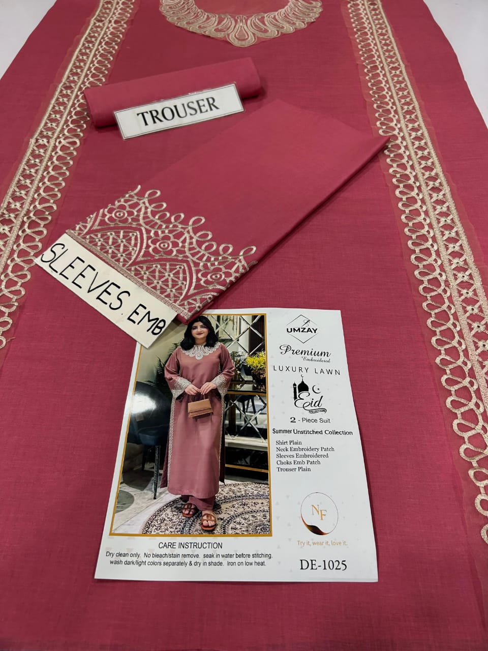 Umzay Premium Luxury Lawn 2PC Embroidered Unstitched Suit - DE-1025 (Maroon/Rose)