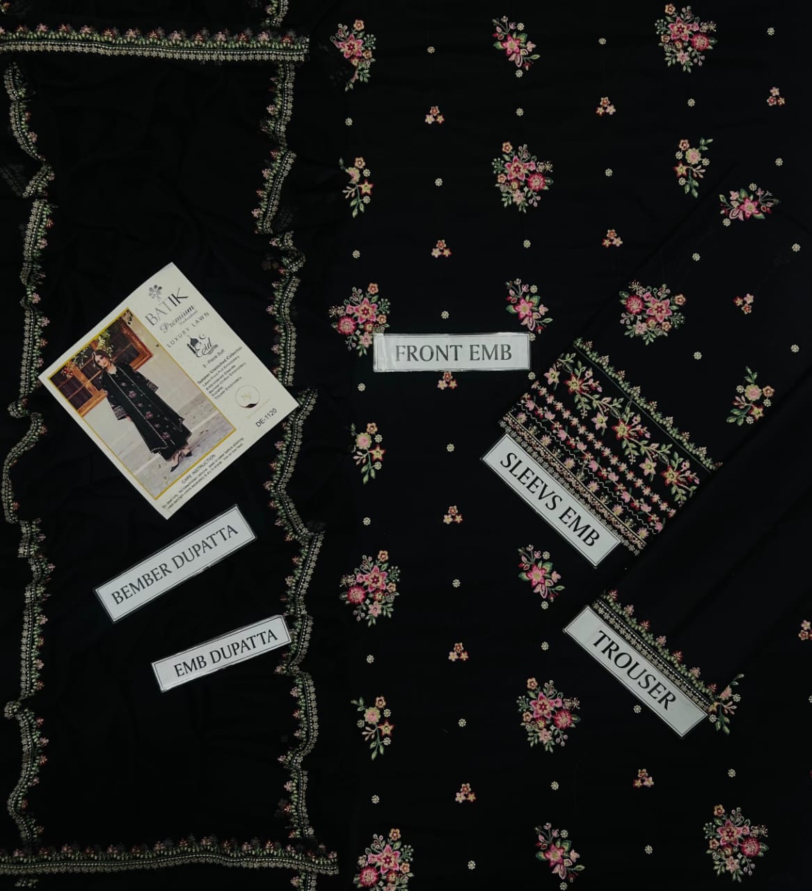 Batik Premium Luxury Lawn 3PC Embroidered Unstitched Suit - D#1120 (Black Floral)