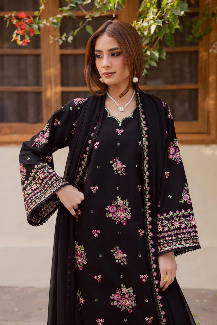 Batik Premium Luxury Lawn 3PC Embroidered Unstitched Suit - D#1120 (Black Floral)