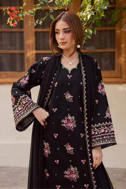 Batik Premium Luxury Lawn 3PC Embroidered Unstitched Suit - D#1120 (Black Floral)