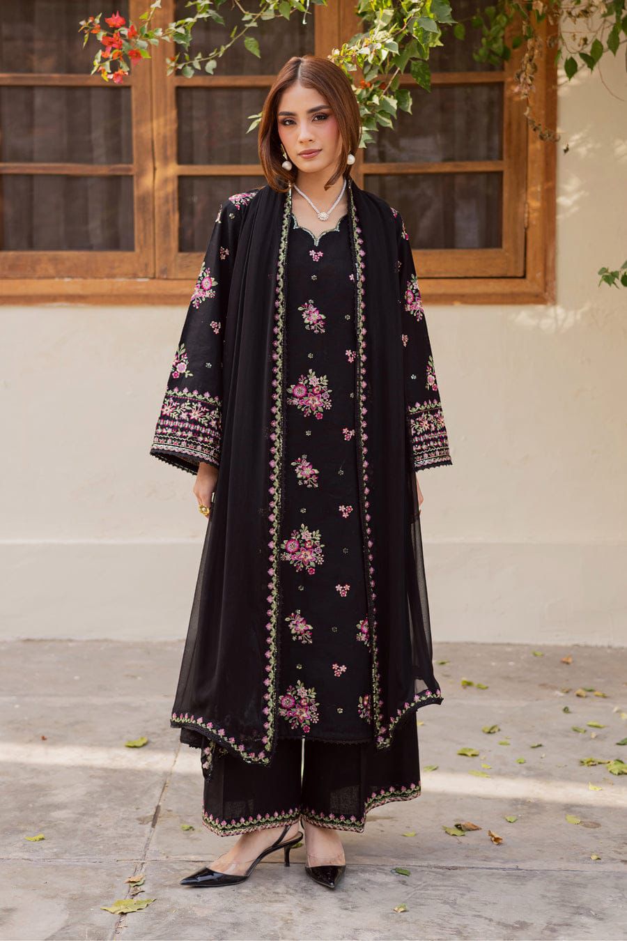 Batik Premium Luxury Lawn 3PC Embroidered Unstitched Suit - D#1120 (Black Floral)