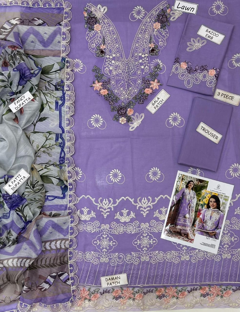 Asim Jofa Lawn 3PC Embroidered Unstitched Suit - MY-1101 (Lavender/Purple)